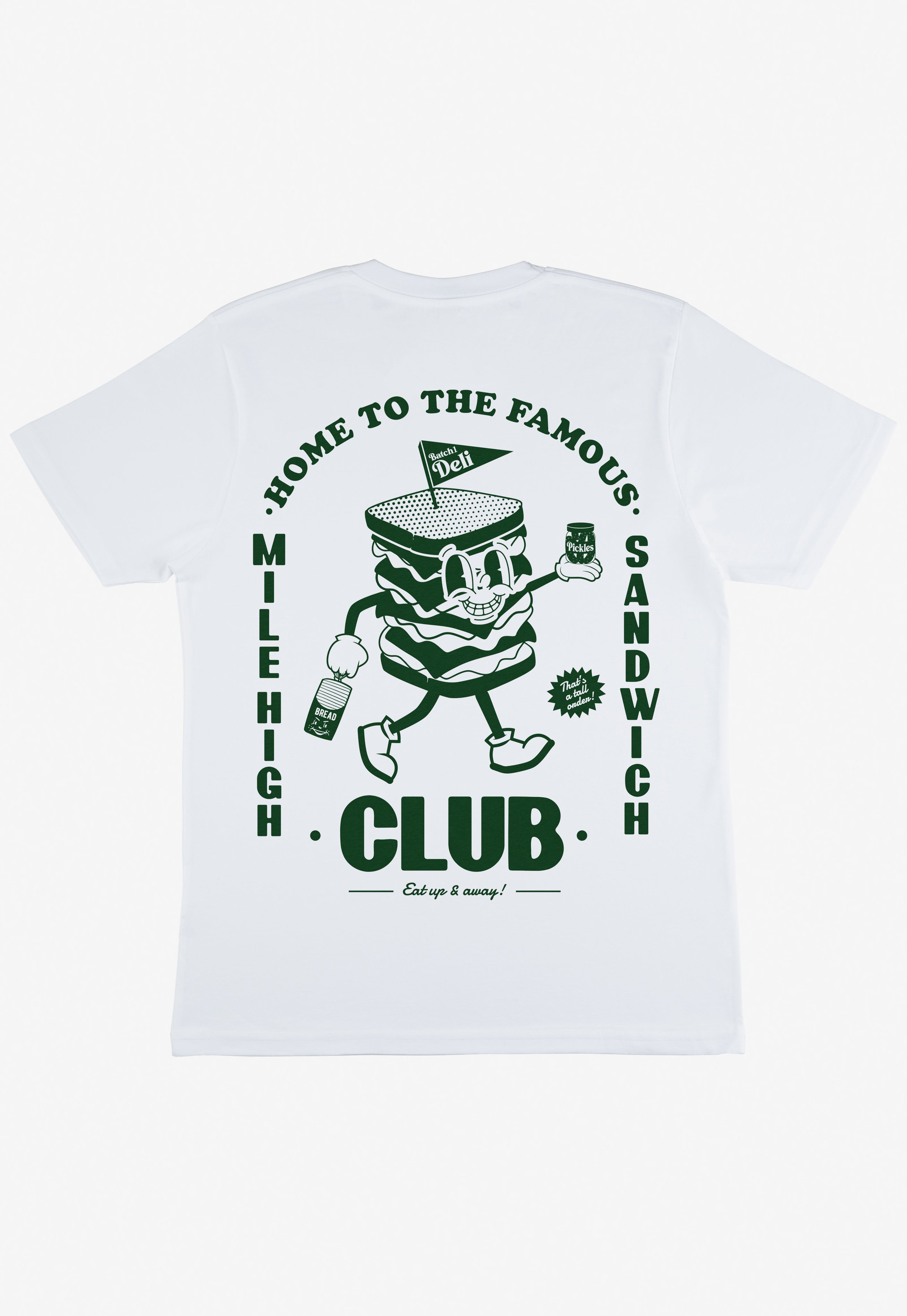 white t shirt with large back print showing vintage style sandwich character graphic and mile high sandwich club logo