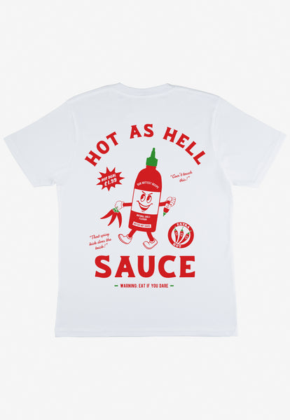 white t shirt with large graphic back print showing hot sauce logo and vintage style character 