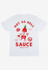 white t shirt with large graphic back print showing hot sauce logo and vintage style character 