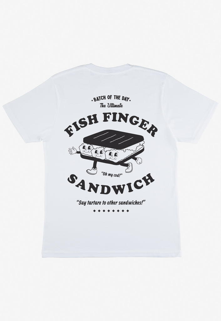 white t shirt with large statement back print graphic showing fish finger sandwich logo and vintage style mascot