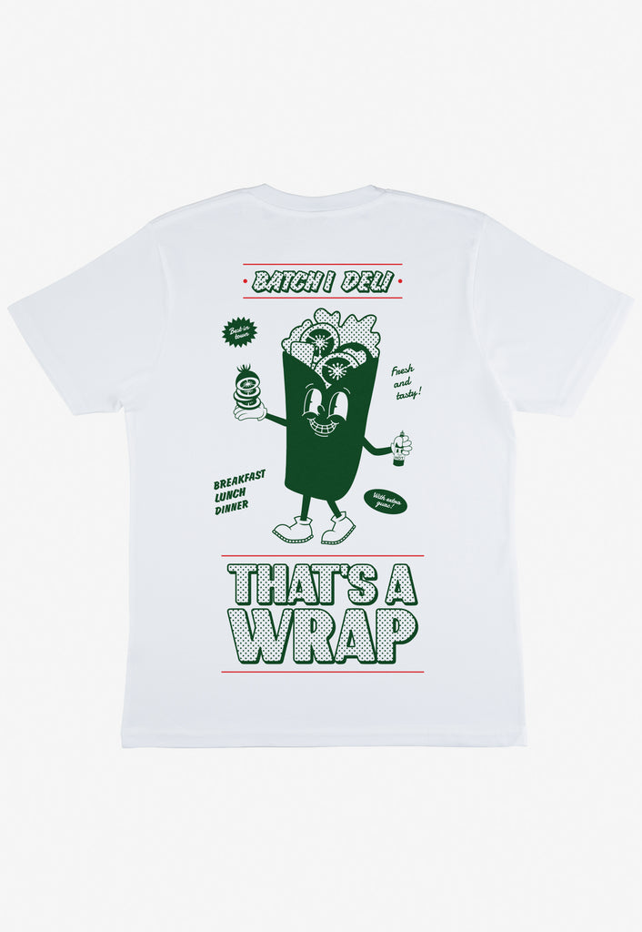 white t shirt with large back print graphic showing Batch1 Deli logo and giant vintage wrap sandwich character