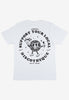 white t shirt with large back print showing dancing disco ball character and support your local disco slogan in black print