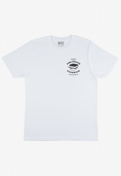 classic white t shirt with fish finger sandwich logo and mascot printed in black on front left chest