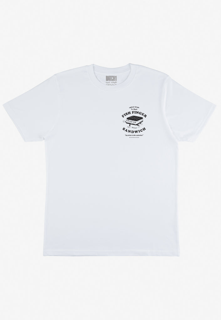 classic white t shirt with fish finger sandwich logo and mascot printed in black on front left chest