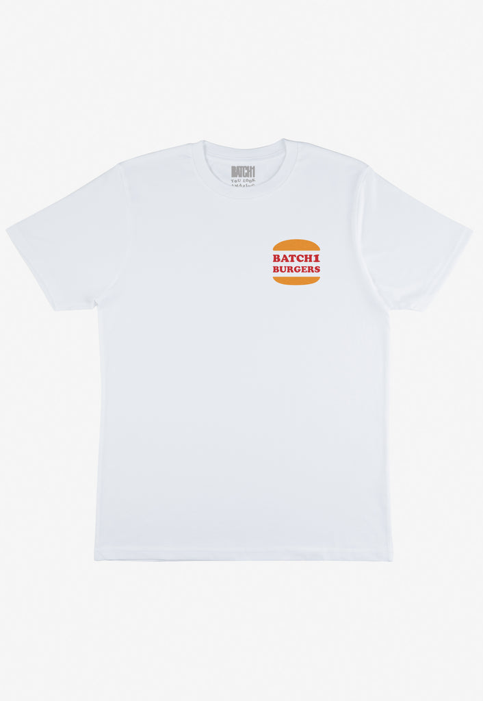 white t shirt with small Batch 1 Burgers logo printed small left chest