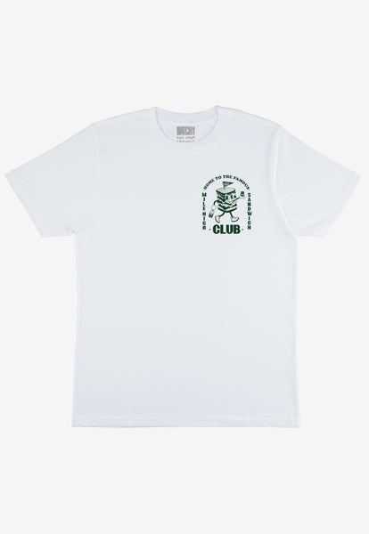 white t shirt with vintage style sandwich logo printed front left chest