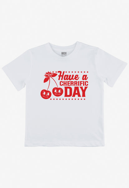 children's white summer t shirt with red printed cherry logo and positive slogan