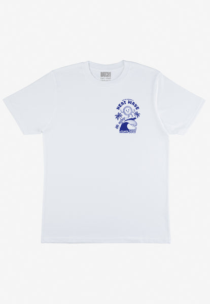 white summer t shirt with small printed heatwave logo to front featuring surfing sun character