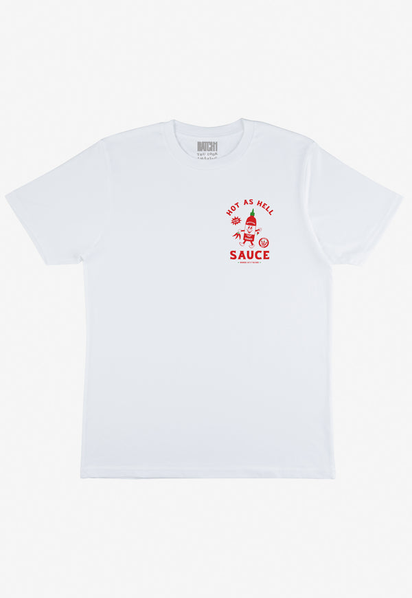 white t shirt with small printed hot sauce logo on front