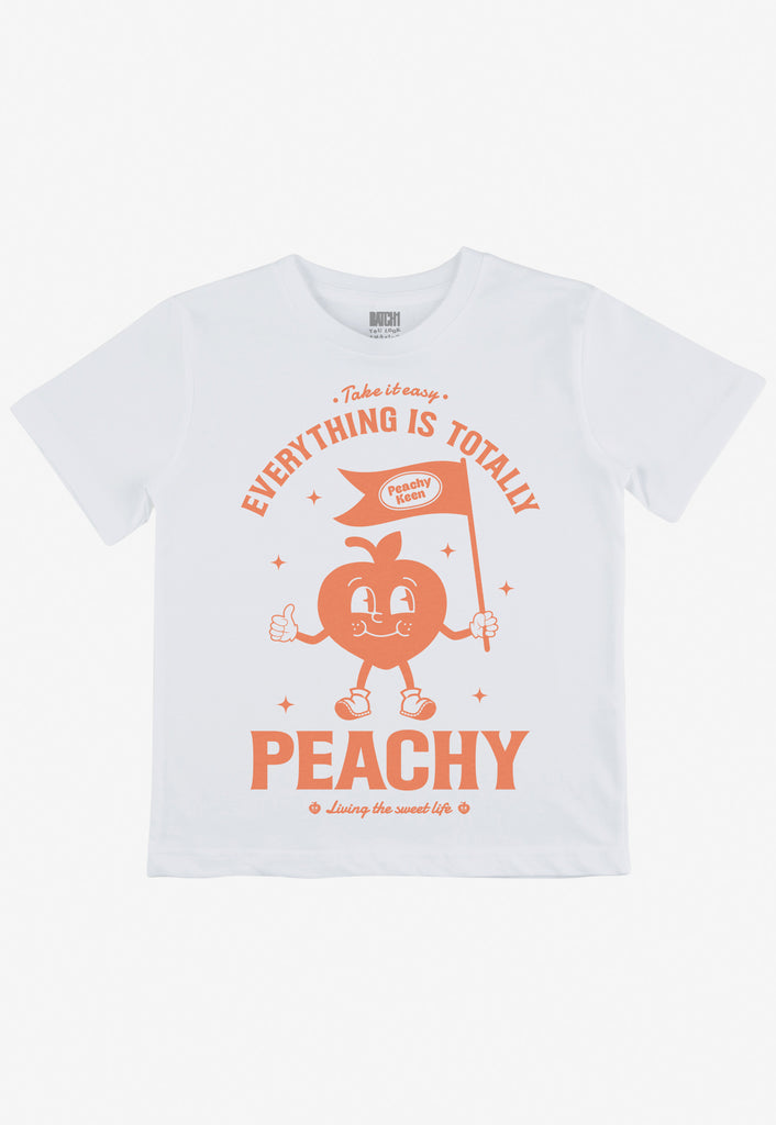 children's white printed t shirt with cute peach character graphic and positive slogan