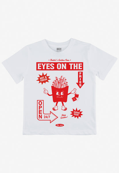 children's white t shirt with french fries character graphic and fun slogan in red print