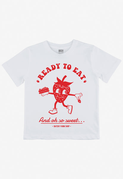 children's white printed t shirt with vintage style strawberry character