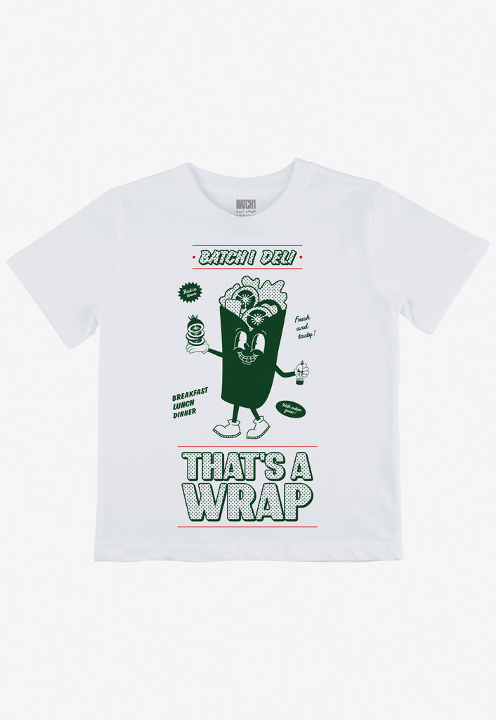 children's white t shirt with deli wrap character mascot in green print and that's a wrap slogan