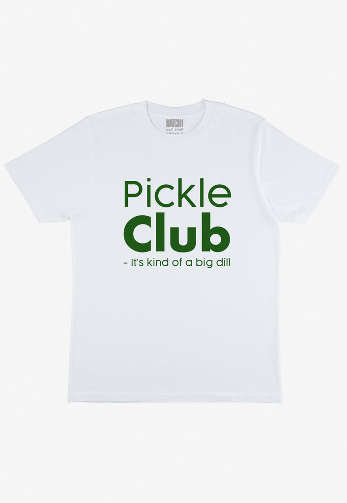 classic white cotton t shirt with funny printed pickle club big dill slogan in green print