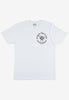 white unisex t shirt with small disco ball logo on front  