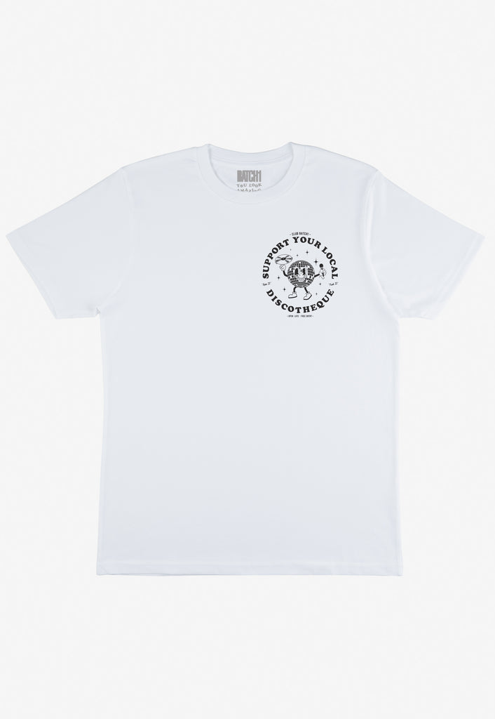 white unisex t shirt with small disco ball logo on front  