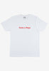 Flatlay image of white t shirt with cacio e pepe pasta slogan print