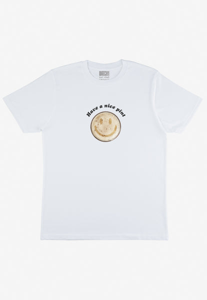 white printed t shirt with fun 'have a nice pint' slogan and smiley beer graphic