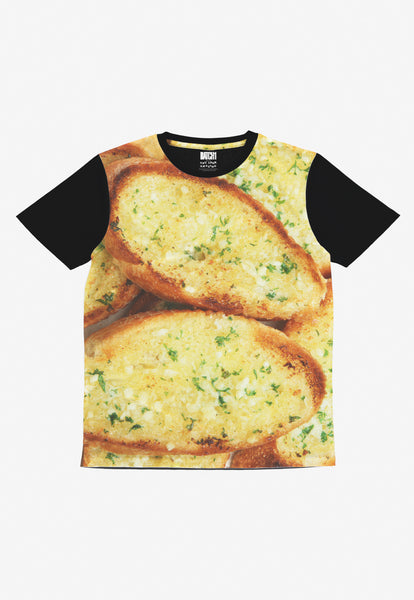 Kids garlic bread photo print tshirt with black sleeves