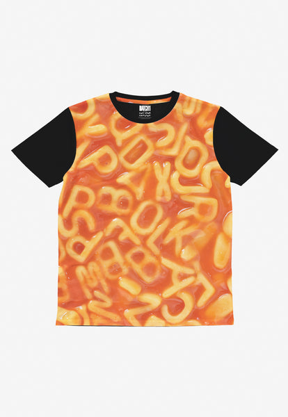 Children's costume t shirt with full body digital photo print of alphabet spaghetti 