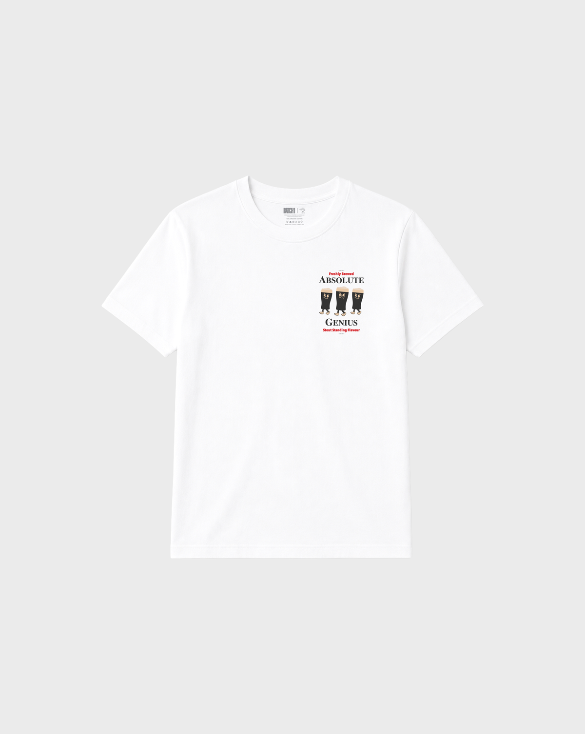White Absolute Genius T-shirt front flat lay with red, black and cream stout characters on the left chest.