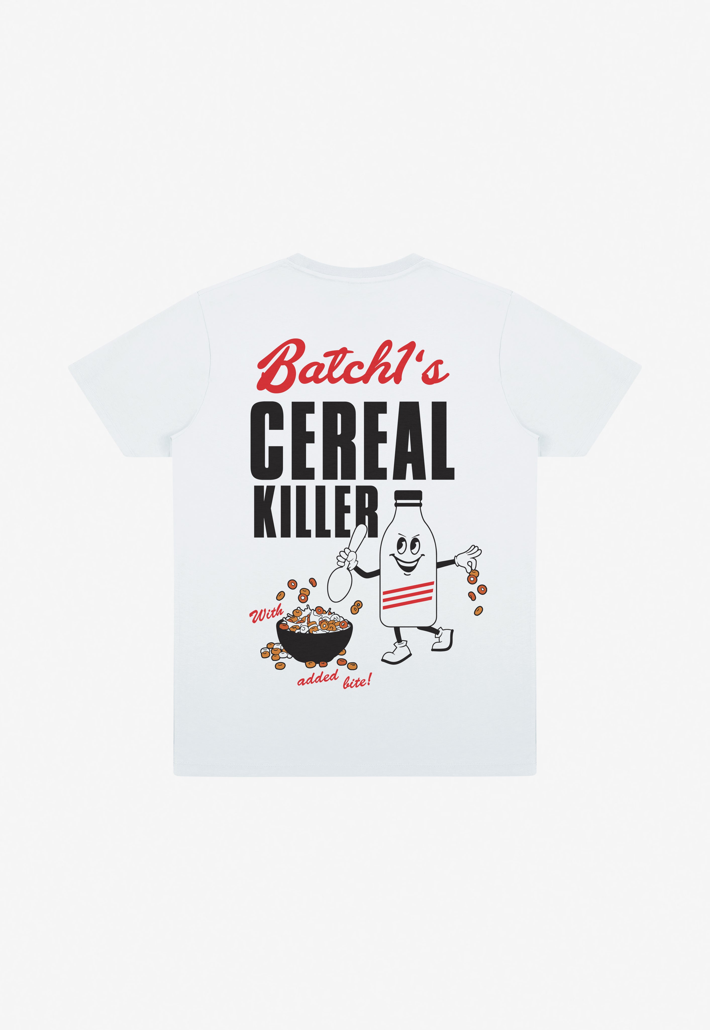 White cotton t-shirt with back print “Cereal Killer” slogan and cereal bowl graphic