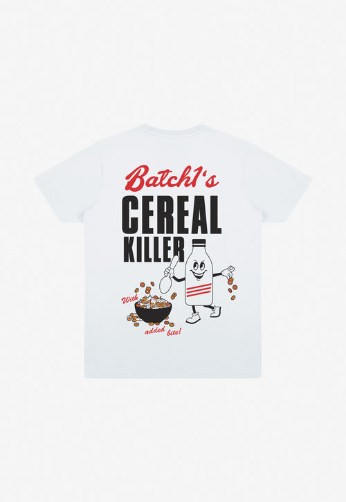 White cotton t-shirt with back print “Cereal Killer” slogan and cereal bowl graphic