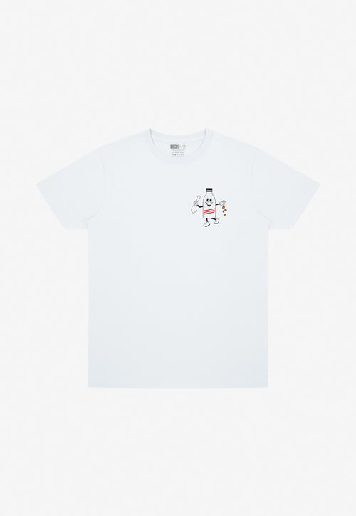 white cotton t-shirt with cereal milk bottle graphic character on left chest
