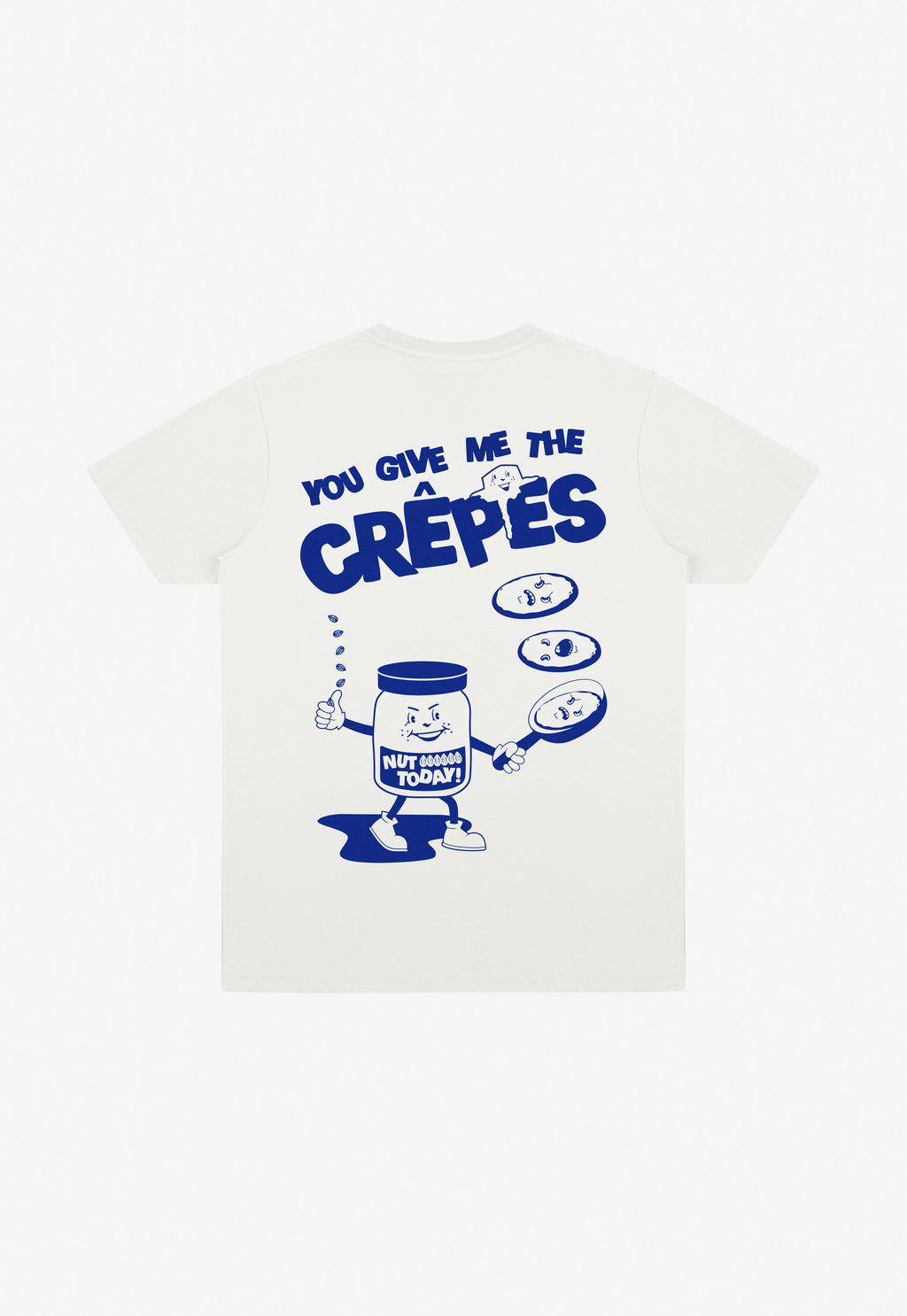 White t-shirt with blue graphic and text 'You Give Me The Crèpes' on a white background