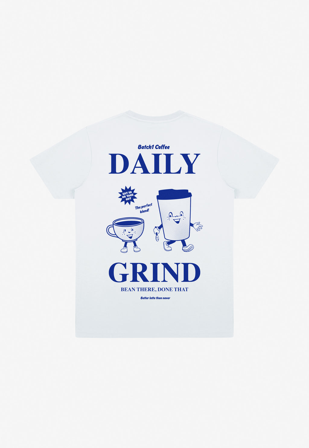 White t-shirt with daily grind slogan and coffee cups graphic in blue