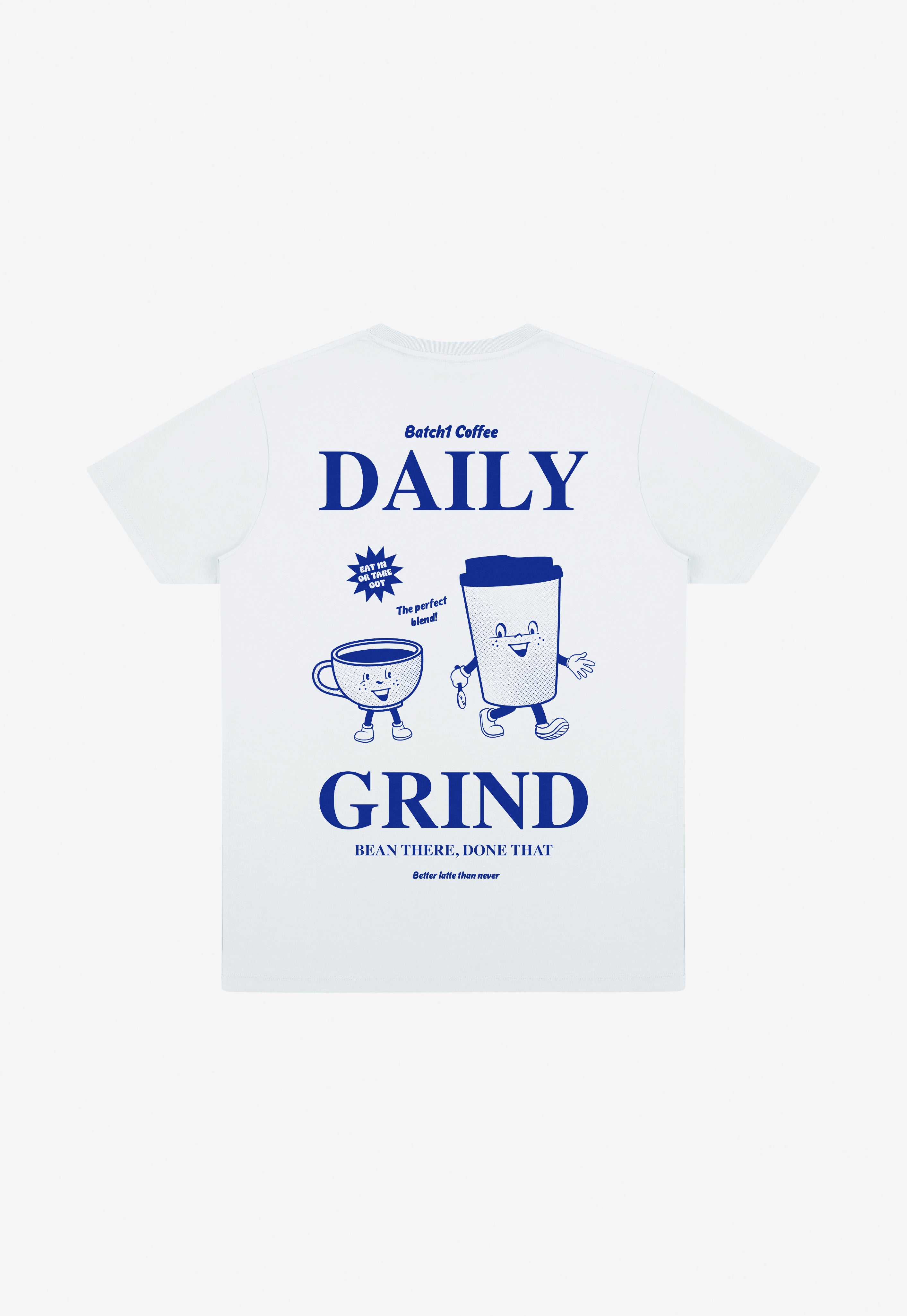White t-shirt with daily grind slogan and coffee cups graphic in blue