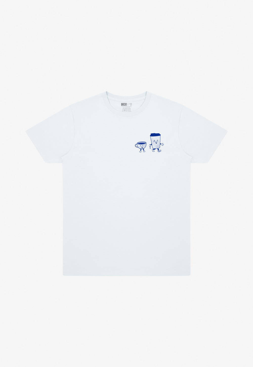 White t-shirt with blue coffee cups character on left chest 