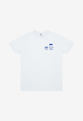 White t-shirt with blue coffee cups character on left chest 