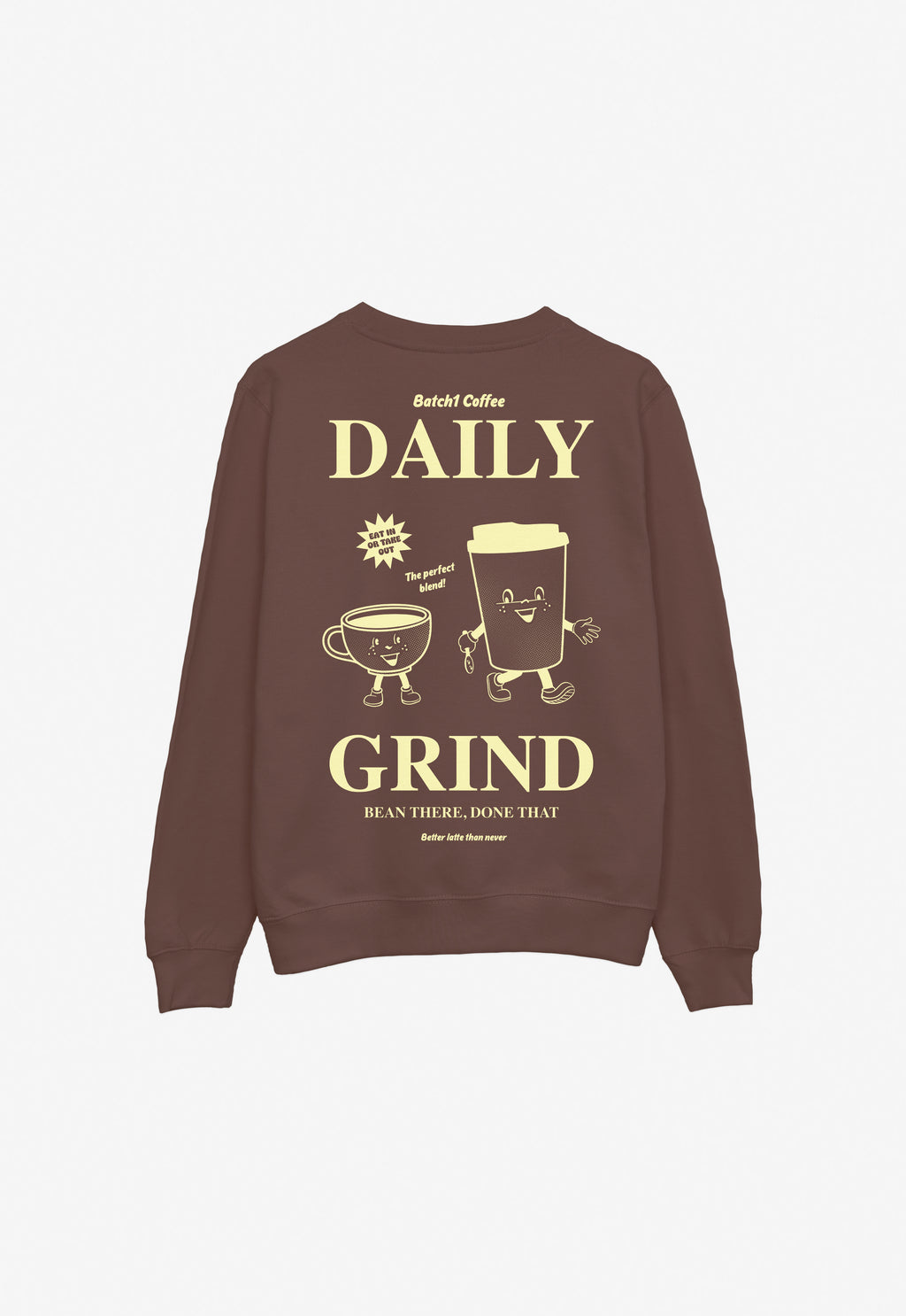 Brown sweatshirt with 'Daily Grind' graphic and text on a white background