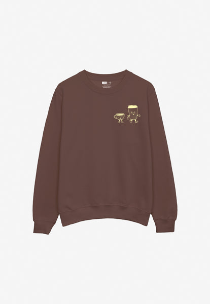 Brown sweatshirt with a graphic design on a white background