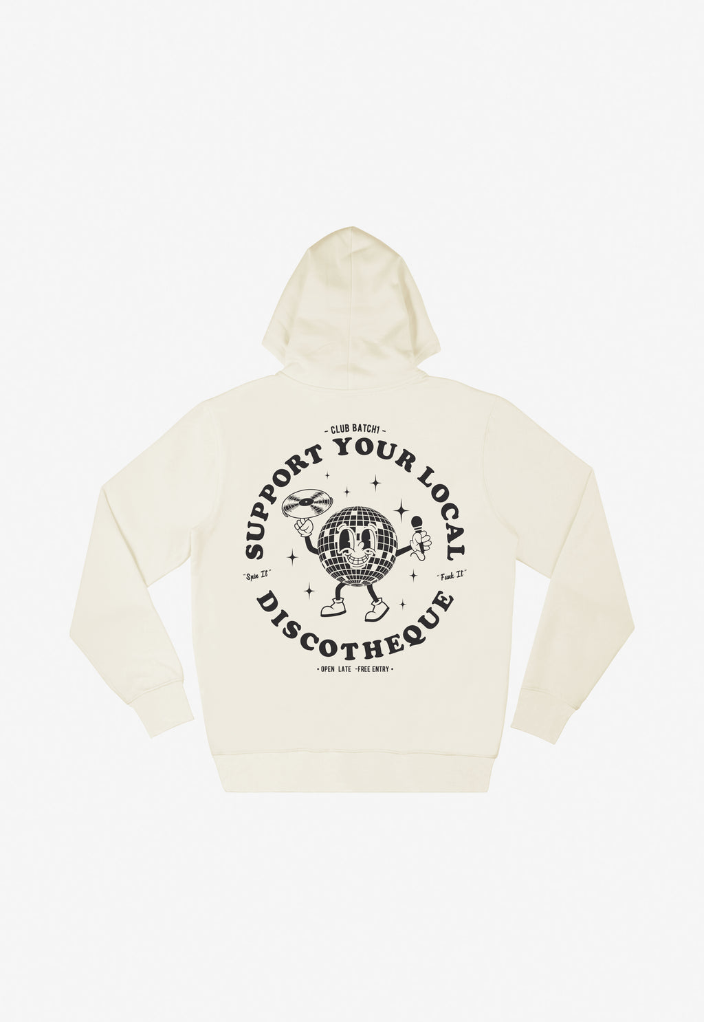 off white hoodie with back print disco ball cartoon holding record in black