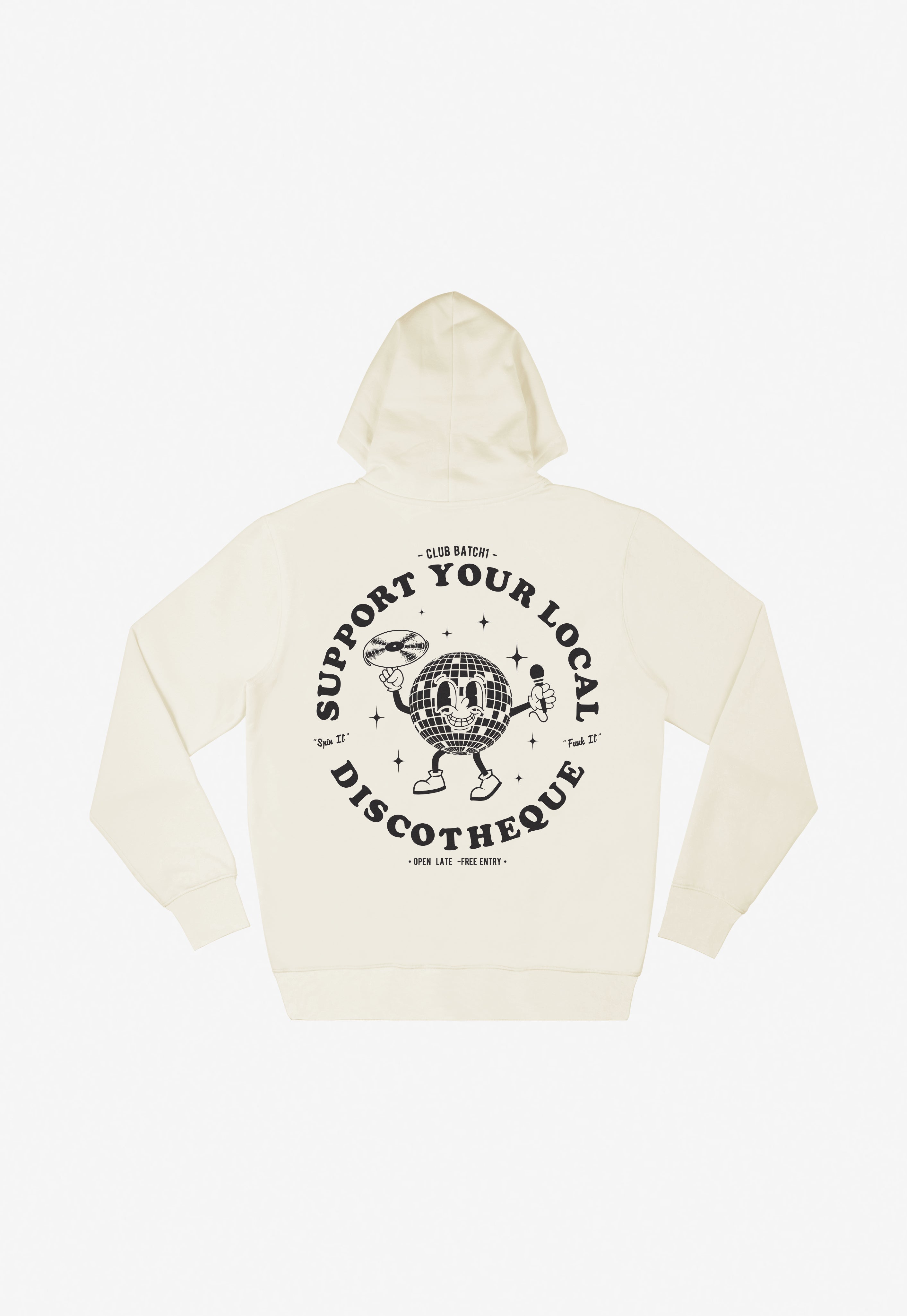 off white hoodie with back print disco ball cartoon holding record in black