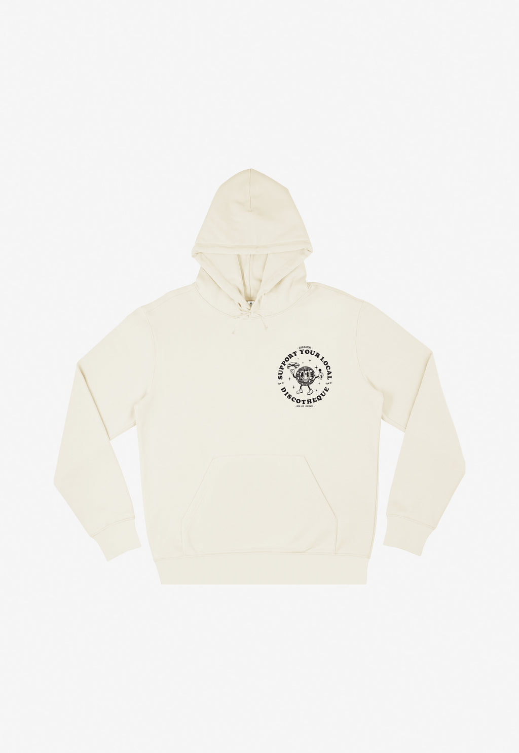 off white hoodie with disco ball character in black