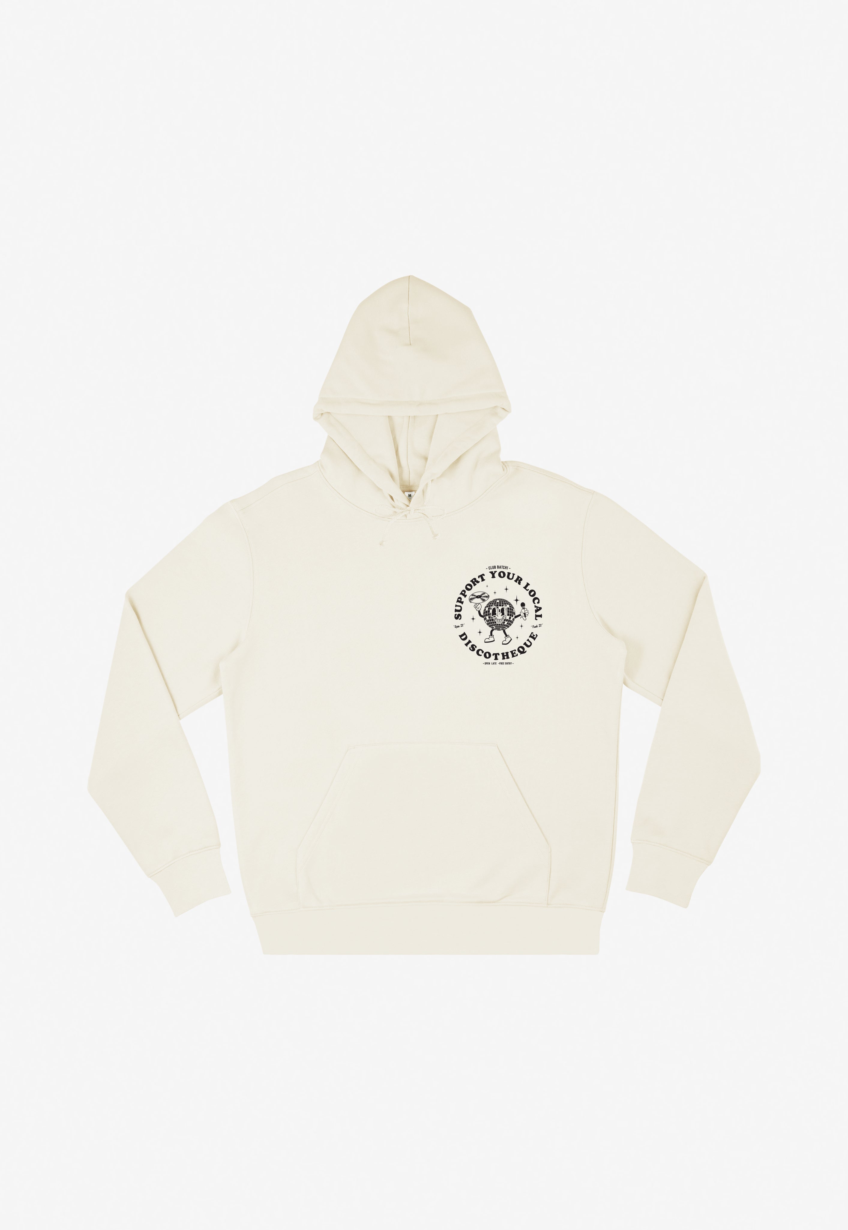 off white hoodie with disco ball character in black