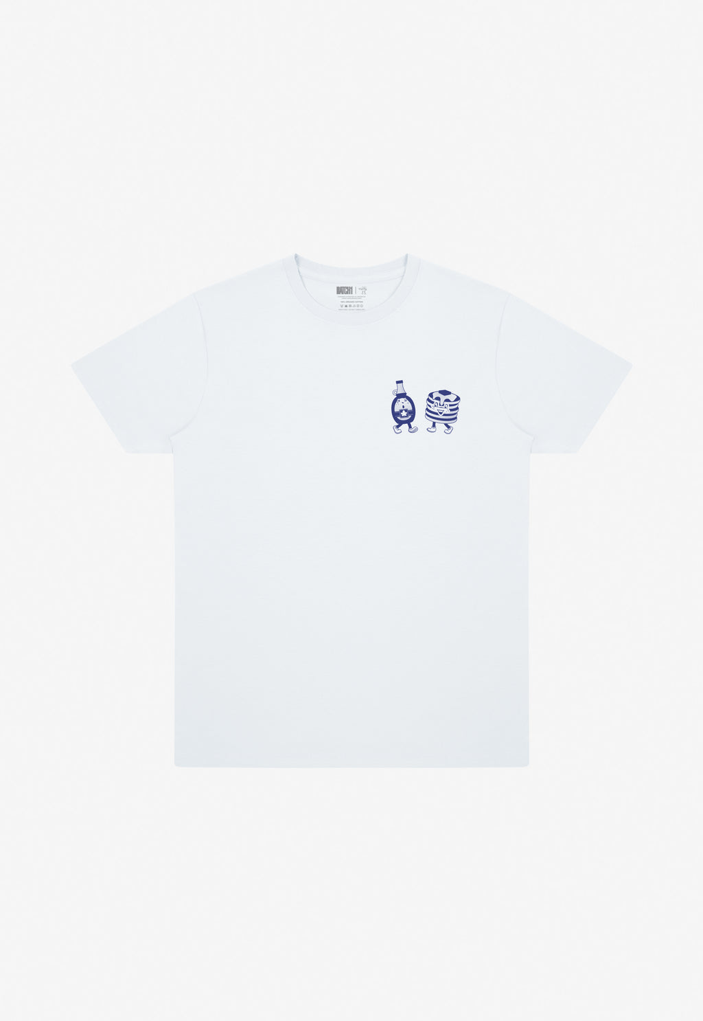 White t-shirt with a small blue pancake logo on a white background