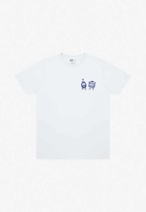 White t-shirt with a small blue pancake logo on a white background
