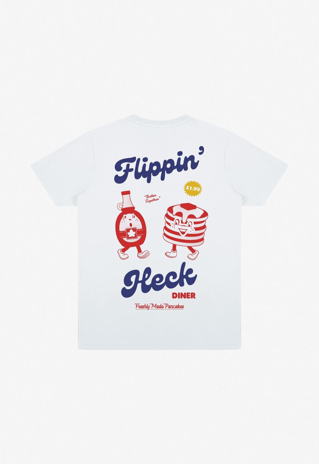 White t-shirt with red and blue syrup and pancake graphic 