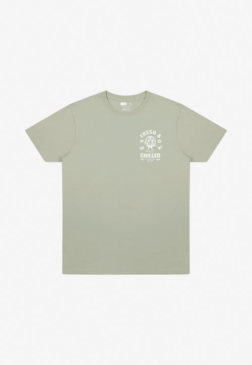 Pistachio t-shirt with fresh and chilled slogan and left chest watermelon graphic in white