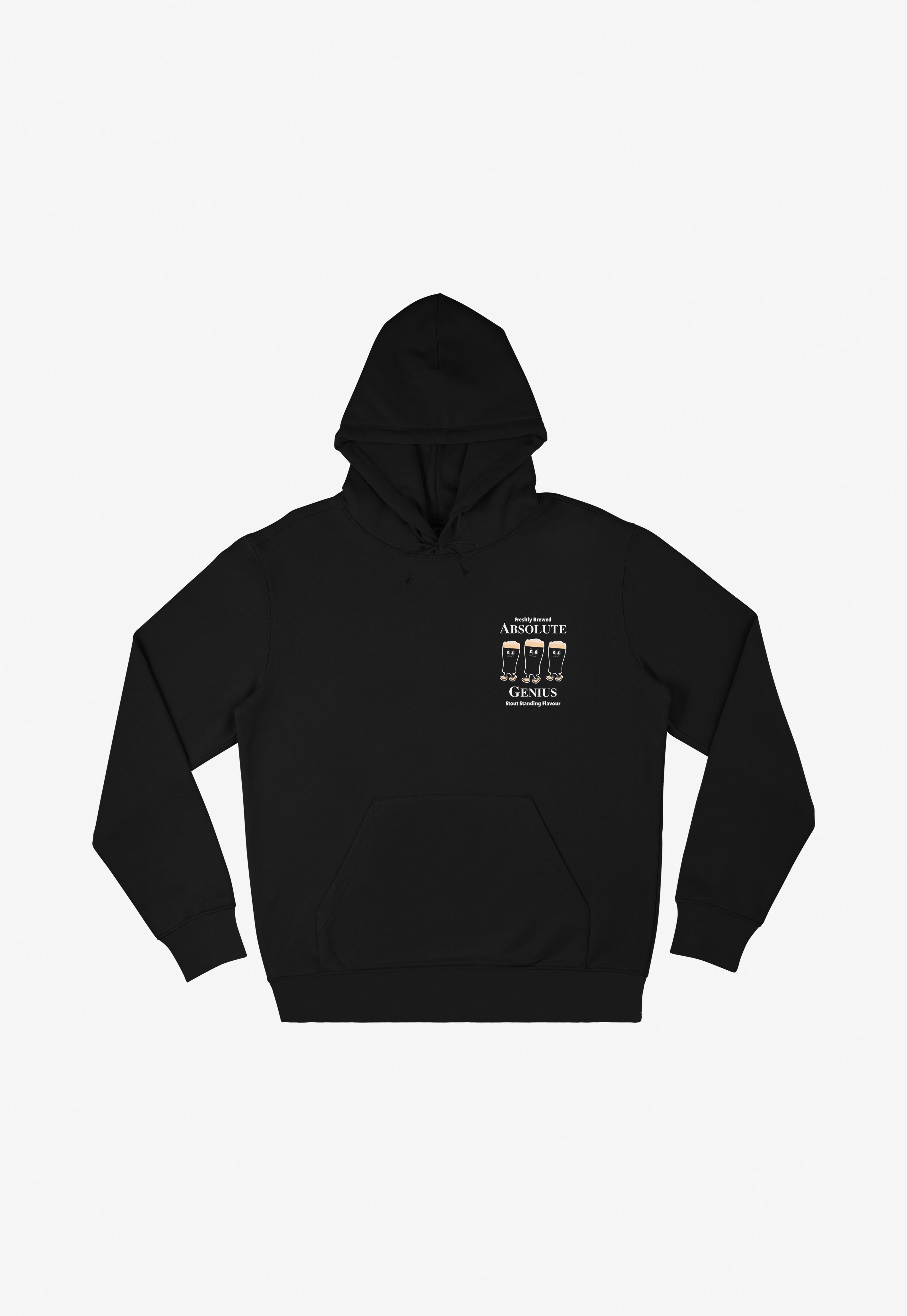 Black hoodie with guinness graphic print on left chest