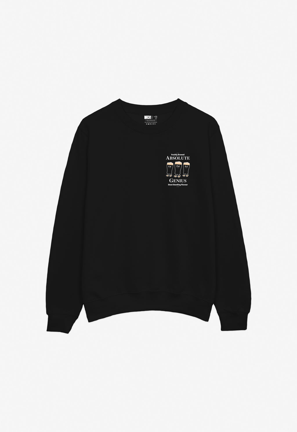Black sweatshirt with a Guinness pint glass graphic design on a white background