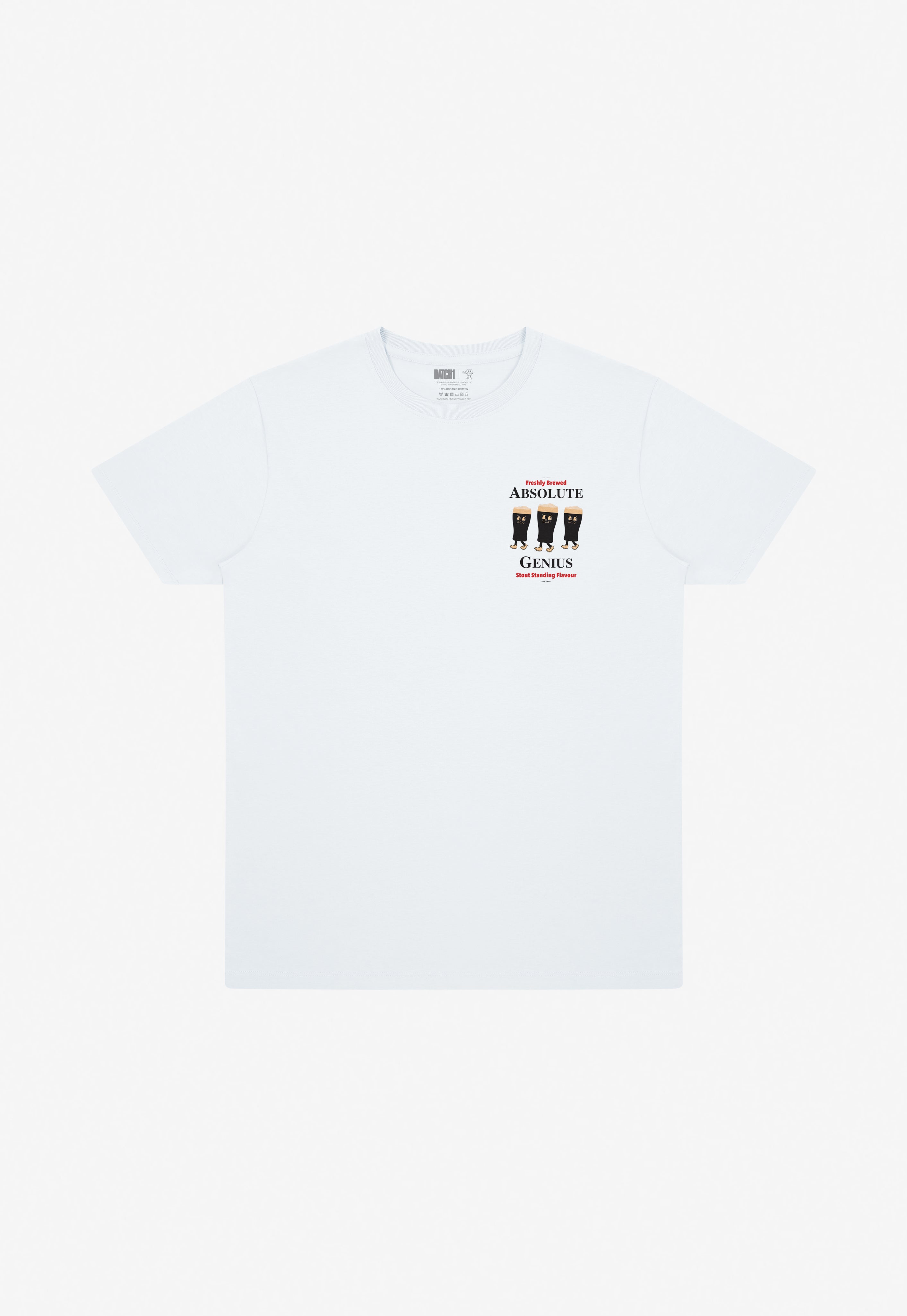 White cotton t-shirt with guinness character illustration on left chest