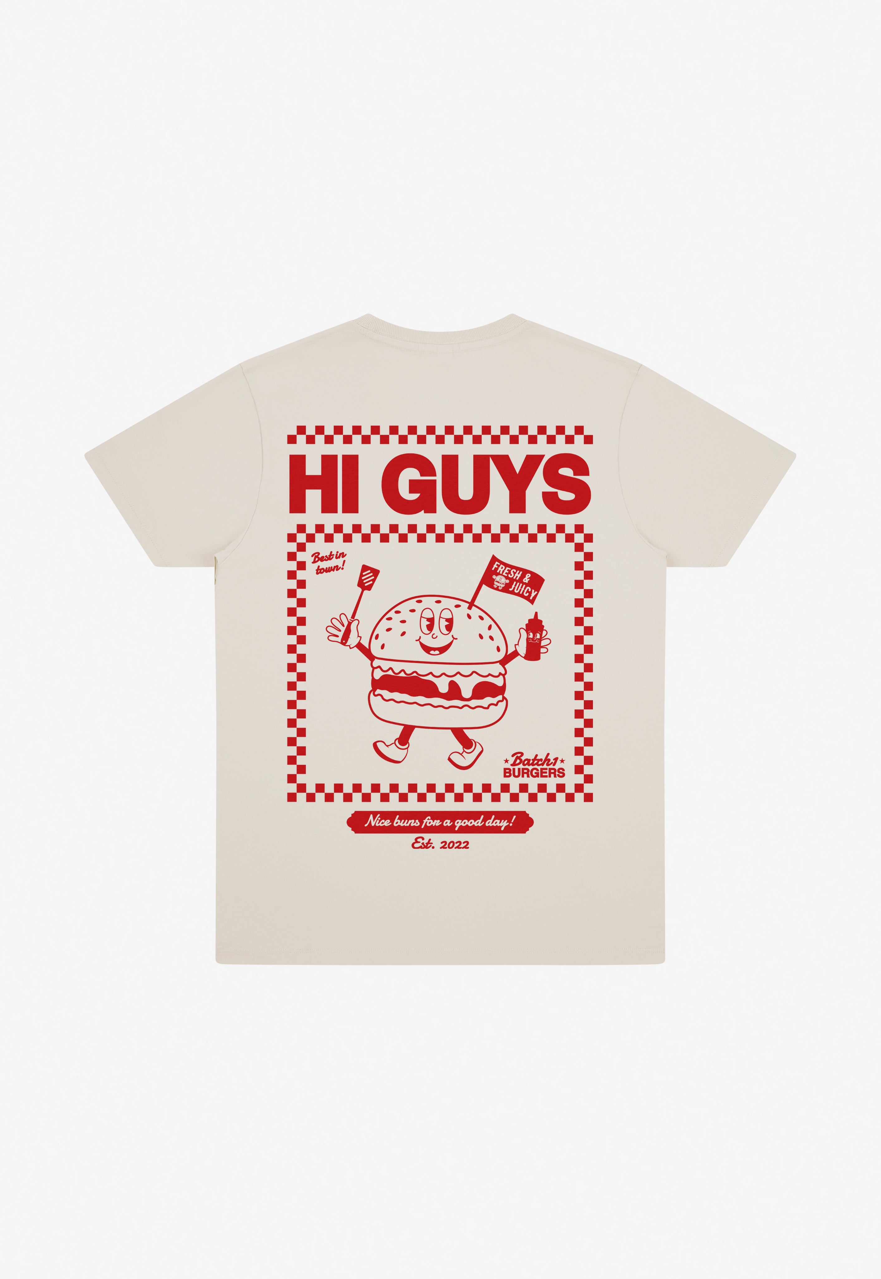 Beige t-shirt with red gurger graphic design on a white background
