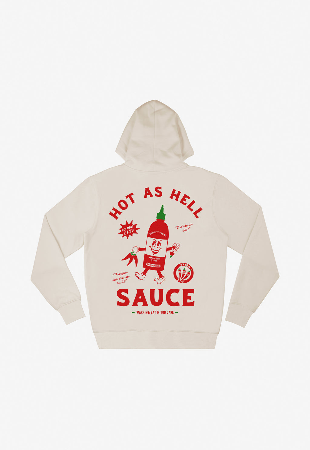 Sand hoodie with back print graphic hot sauce bottle in red