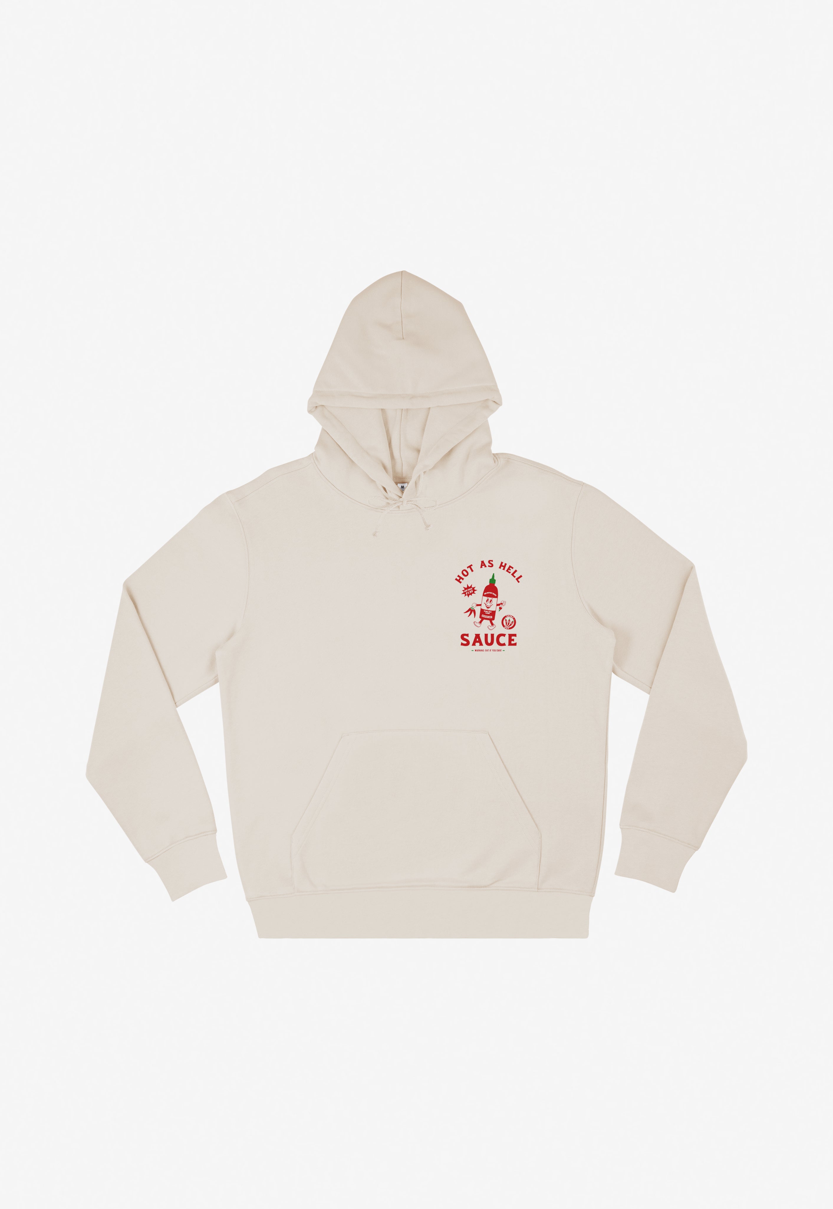 sand hoodie with hot sauce graphic on left chest