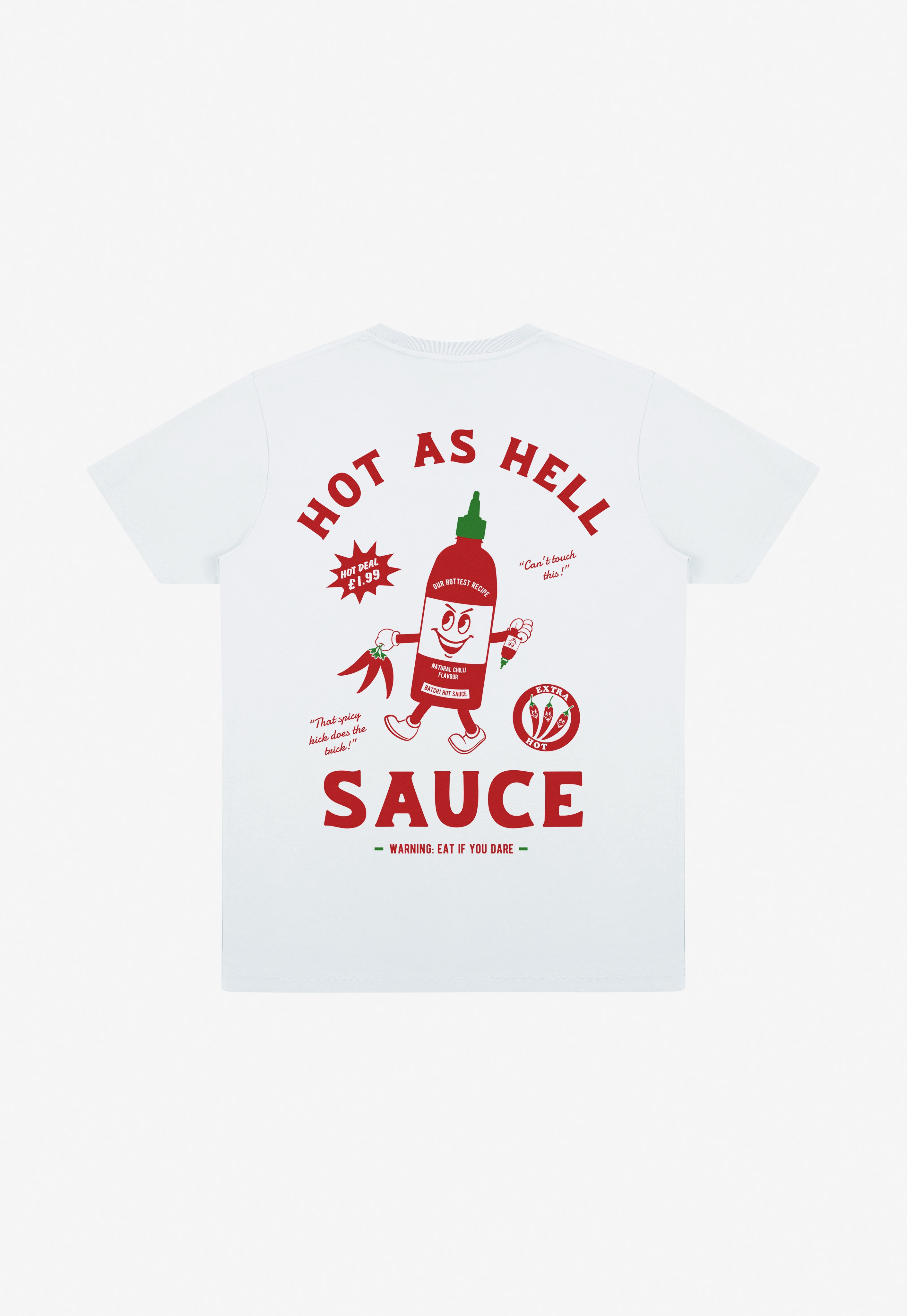 Back print cotton t-shirt with “Hot as Hell” sauce slogan and red graphic character
